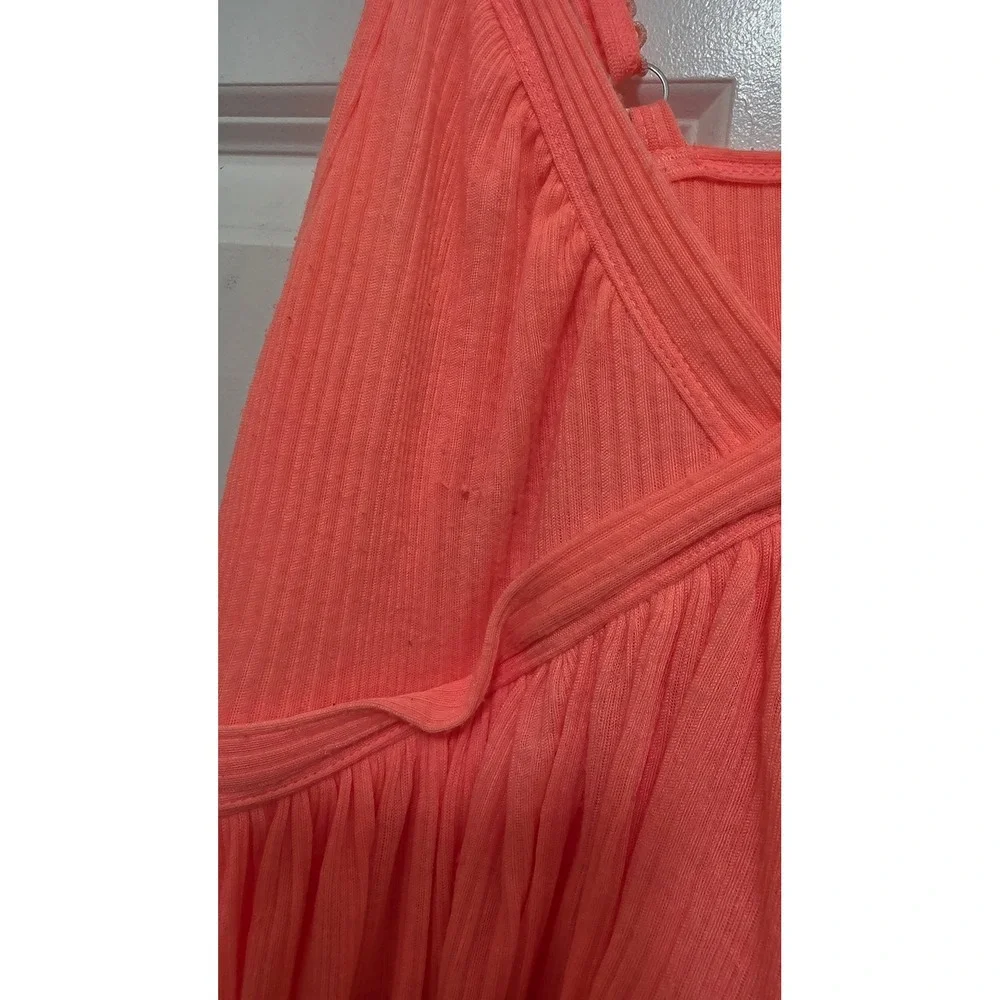 Free People Cami Top Womens Medium Neon Coral Orange Ribbed Ruffle Boho Peplum‎